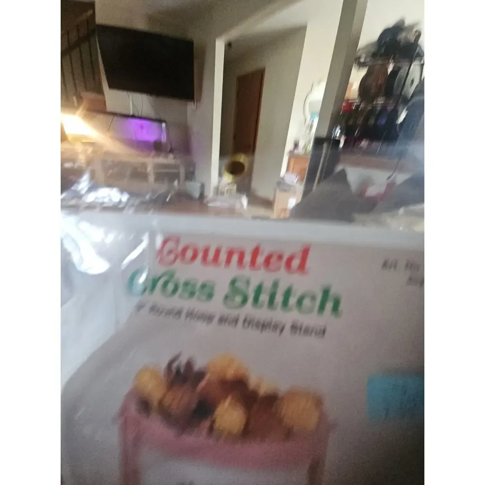 VTG NMI Counted Cross Stitch Joy Basket Kit Hoop Wood Display Stand Needle